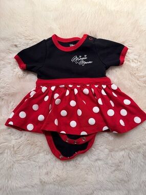 NEW Disney Minnie Mouse Black & Red Polka Dot Skirted Onesie Dress 9-12Month